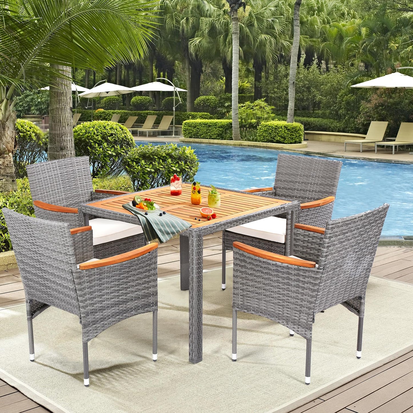 ARTBUSKE 5 Pieces Patio Dining Sets for 4 Outdoor Patio Furniture Sets with Acacia Wood Table Top Wicker Outdoor Furniture Set for Patio, Yard,Deck,Gazebo,Grey - WoodArtSupply