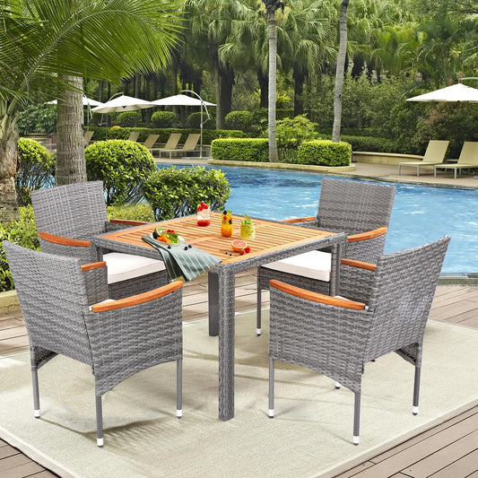 ARTBUSKE 5 Pieces Patio Dining Sets for 4 Outdoor Patio Furniture Sets with Acacia Wood Table Top Wicker Outdoor Furniture Set for Patio, Yard,Deck,Gazebo,Grey