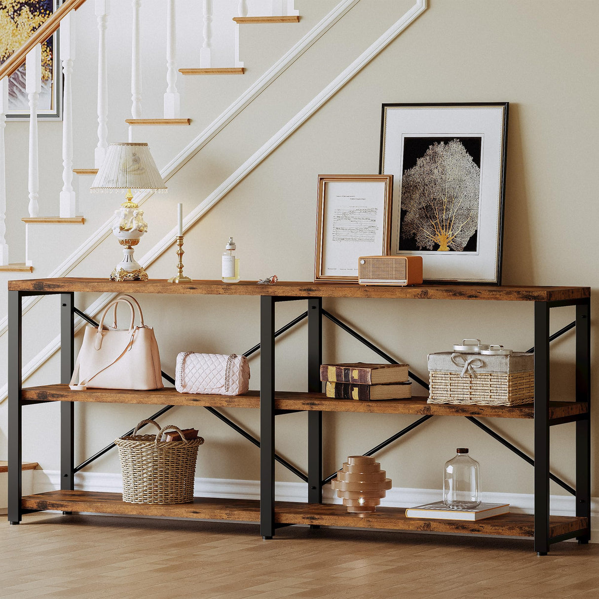 IRONCK Rustic Entryway Console Table, Long Hallway Table 70.8 in 3-Tier, TV Stand Entertainment Center Media Stand for Living Room, Industrial Style, Vintage Brown IRONCK