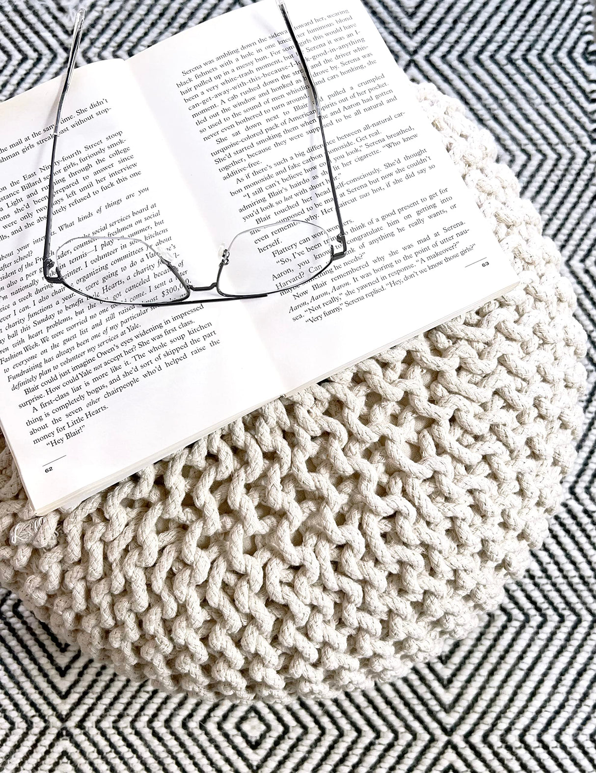 FRELISH DECOR Round Pouf Ottoman Hand Knitted 100% Cotton Pouf Foot Stool - Knitted Bean Bag - Floor Chair for Living Room Bedroom - Foot Rest for Couch (20 Diameter x 14 Height) - Natural FRELISH DECOR