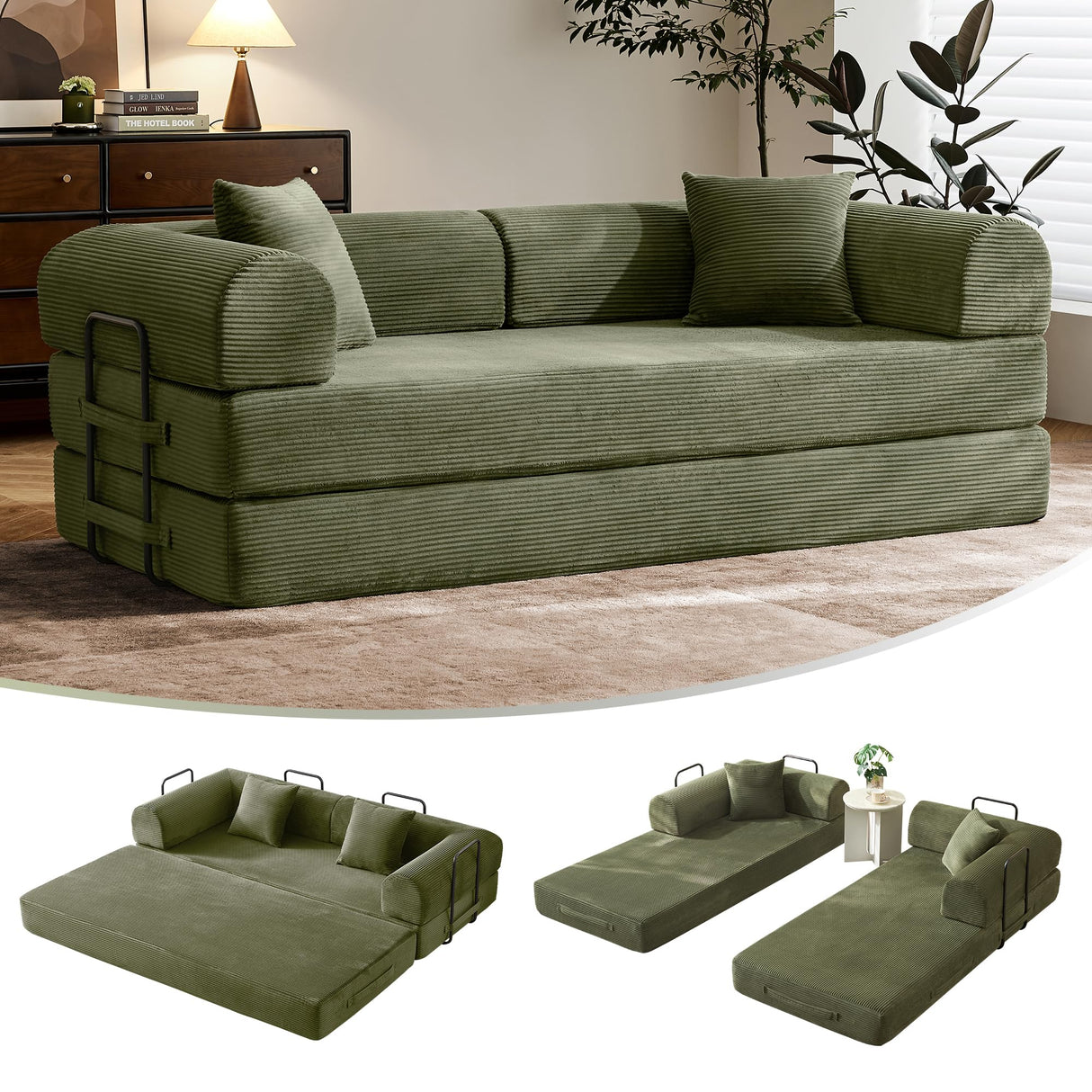 79" Convertible Sofa Bed with Fixed-Shape Frame & Removable Armrests, Modular Corduroy Sleeper Sofa, Folding Mattress Couch for Small Spaces - No Assembly Needed in Light Green (Includes 2 Pillows) SAVENICA