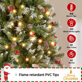 Yaheetech 6ft Pre-lit Frosted Artificial Hinged Christmas Tree with 818 Flocked PVC Tips,62 Pine Cones,62 Holly Berries & 250 Warm White Lights,Foldable Stand,Green Yaheetech