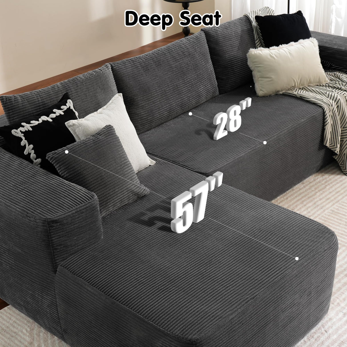 ovios 104" Cloud Sectional Couch with L-Shape Chaise,Modern Modular Sofa with Deep Seat, Upholstered Couches for Living Room Bedroom,No Assembly Required, Grey (Corduroy Fabric) ovios