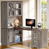 YITAHOME L Shaped Executive Desk with Hutch and Drawers, Farmhouse Home Office Desk with Power Outlet, Wood Corner Computer Desk with Sliding Door, Storage Cabinet with Glass Door, Grey & Walnut YITAHOME