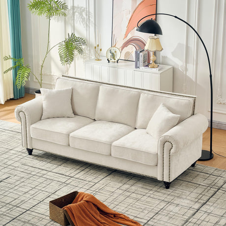 Asucoora 86.5" Classic Chenille Sofa Couch 3-Seater | Chesterfield Style with Traditional Rolled Arms, Nailhead Trim & Solid Wood Frame | Living Room Upholstered Couch | Beige Asucoora