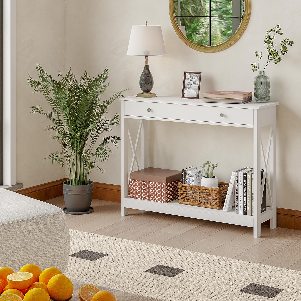 Treocho White Console Table with Drawer and Storage Shelves, Foyer Sofa Table Narrow for Entryway, Living Room, Hallway Treocho