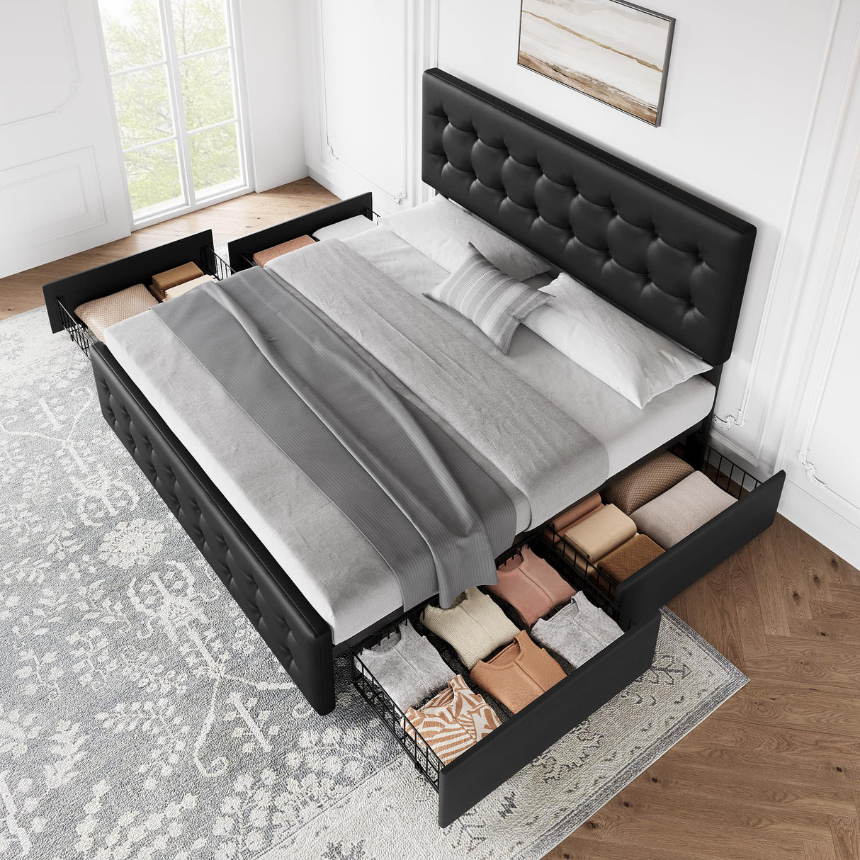 GarveeHome King Size Bed Frame with 4 Storage Drawers and Faux Leather Upholstered Headboard, Wooden Slats Support, Button Tufted Design, No Box Spring Needed, Black GarveeHome
