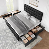 GarveeHome King Size Bed Frame with 4 Storage Drawers and Faux Leather Upholstered Headboard, Wooden Slats Support, Button Tufted Design, No Box Spring Needed, Black GarveeHome