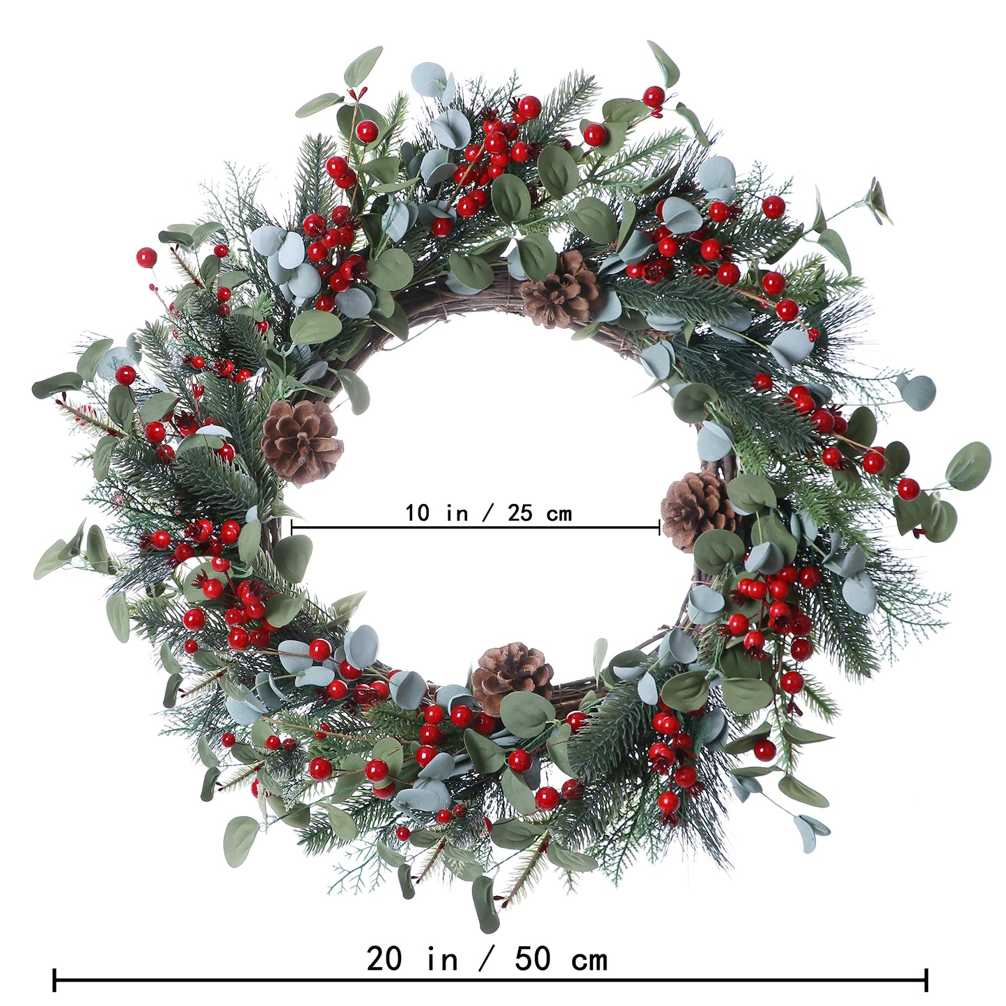 LLZLL Christmas Wreath-20In Christmas Wreaths for Front Door Winter Wreath with Pine Needles Pine Cones and Red Berries for Winter and Christmas Decor