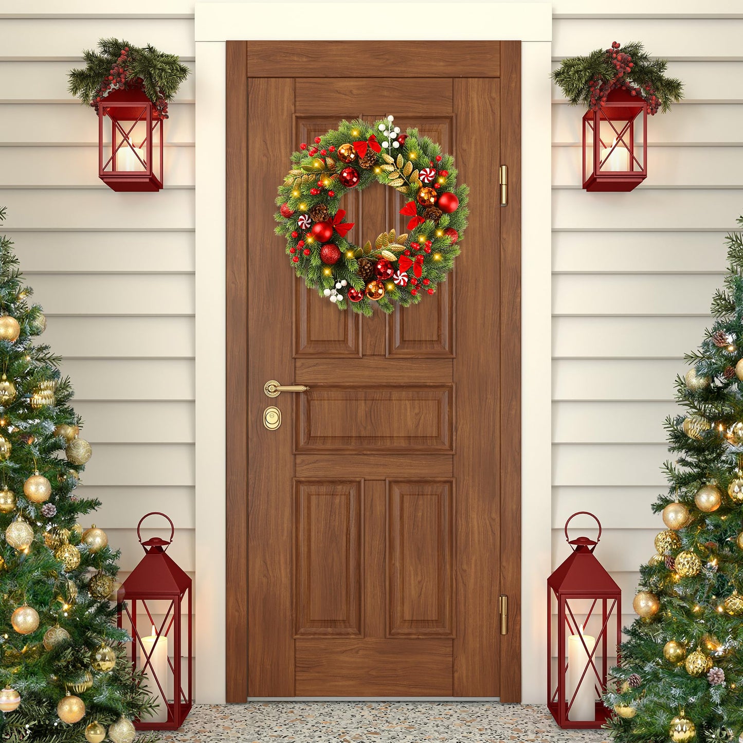 Sggvecsy 17 Inch Artificial Christmas Wreath for Front Door with 20 LED Lights Pine Needles Christmas Balls Red White Berries Pine Cones Bows Decoration for Winter Wall Outdoor Home Holiday Xmas Decor