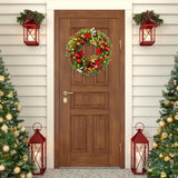 Sggvecsy 17 Inch Artificial Christmas Wreath for Front Door with 20 LED Lights Pine Needles Christmas Balls Red White Berries Pine Cones Bows Decoration for Winter Wall Outdoor Home Holiday Xmas Decor Sggvecsy