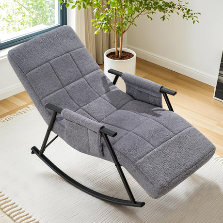 VECELO High Back Nursery Rocking Chair with Foot Rest, Teddy Upholstered Reclining Glider Rocker, Comfy Armchair Padded Seat Removable Side Pockets for Living Room, Bedroom, Balcony VECELO