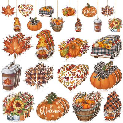 FairySandy 36 Pcs Thanksgiving Ornaments for Tree Fall Tree Decorations Gnomes Wooden Hanging Ornaments Pumpkins Leaves Flowers Cutouts Autumn Decorations for Holiday Party Supply(Cute Style)