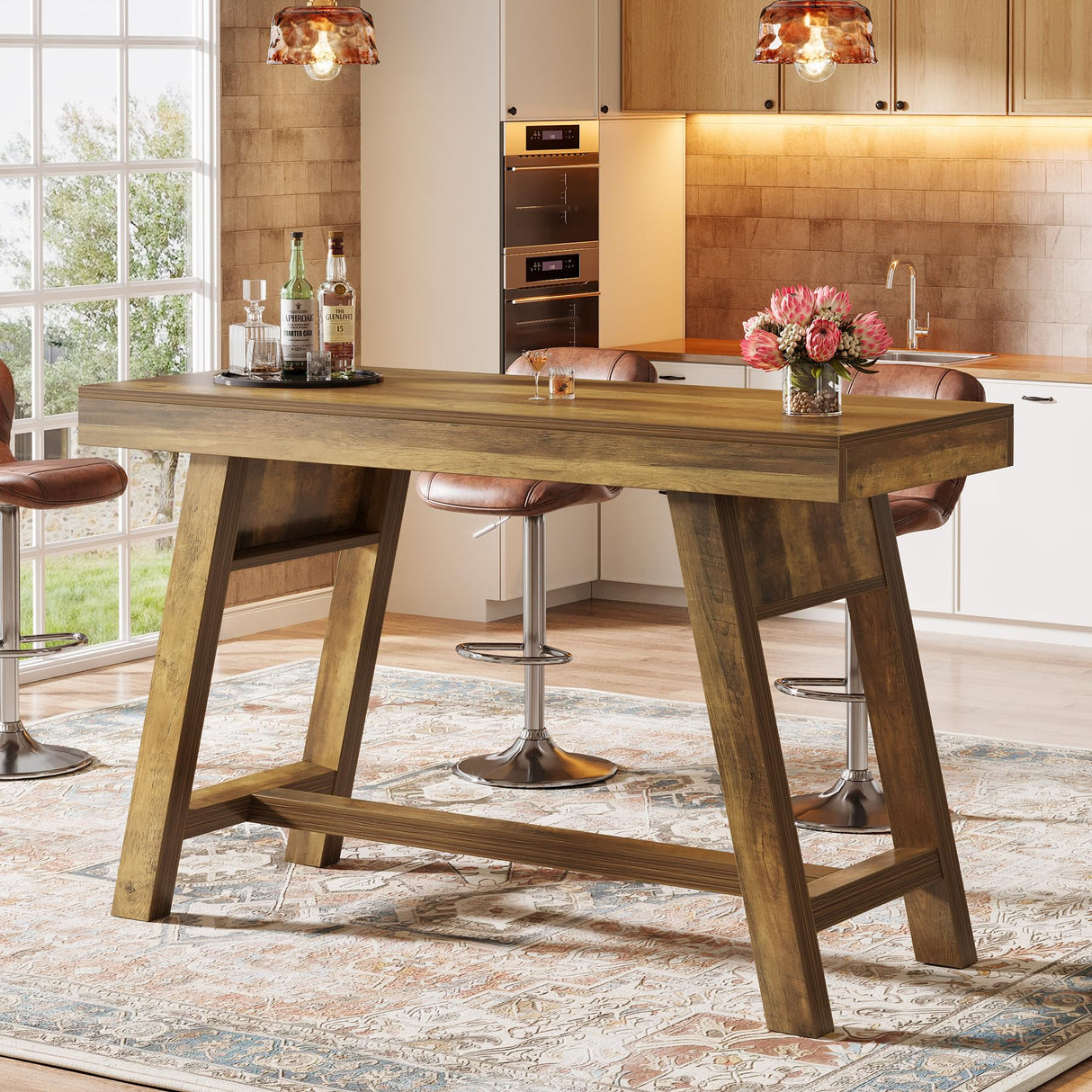 Tribesigns 55.12-Inch Bar Table, Rectangular Home Bar Unit with Stable Trestle Legs, Modern Vintage Counter Height Pub Table for Home Kitchen, Living Room, Balcony, Basement, Rustic Brown Tribesigns