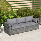 Outsunny 3 Seater Wicker Sofa with Side Tray Tables, Rattan Outdoor Patio Sofa with 6" Thick Back Cushions, Outdoor Wicker Couch with Deep Seating, Pillows for Porch, Garden, Backyard, Mixed Gray Outsunny