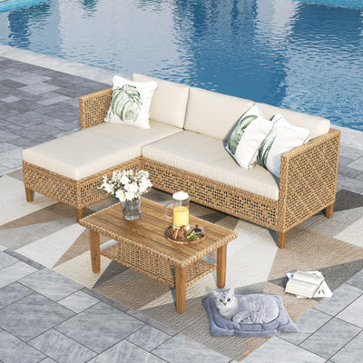 Sophia and William Boho Wicker Patio Furniture Set Outdoor Rattan Sectional Sets Conversation Set - Weather-Resistant, with Dual Storage Coffee Table Acacia Wood Legs for Garden, Patio & Deck(Beige)