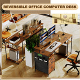 EKNKOZY Computer Desk with 3 File Cabinet Drawers, 57.8'' Reversible Gaming Desk, Office Desk with Storage Shelves and Dual Monitor Stand for Home & Office (Rustic Brown) EKNKOZY