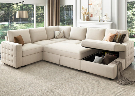 HONBAY Sectional Couch with Pull Out Bed, Sectional Sleeper Sofa with Storage, U Shape Sectional Couches for Living Room,Velvet Beige HONBAY