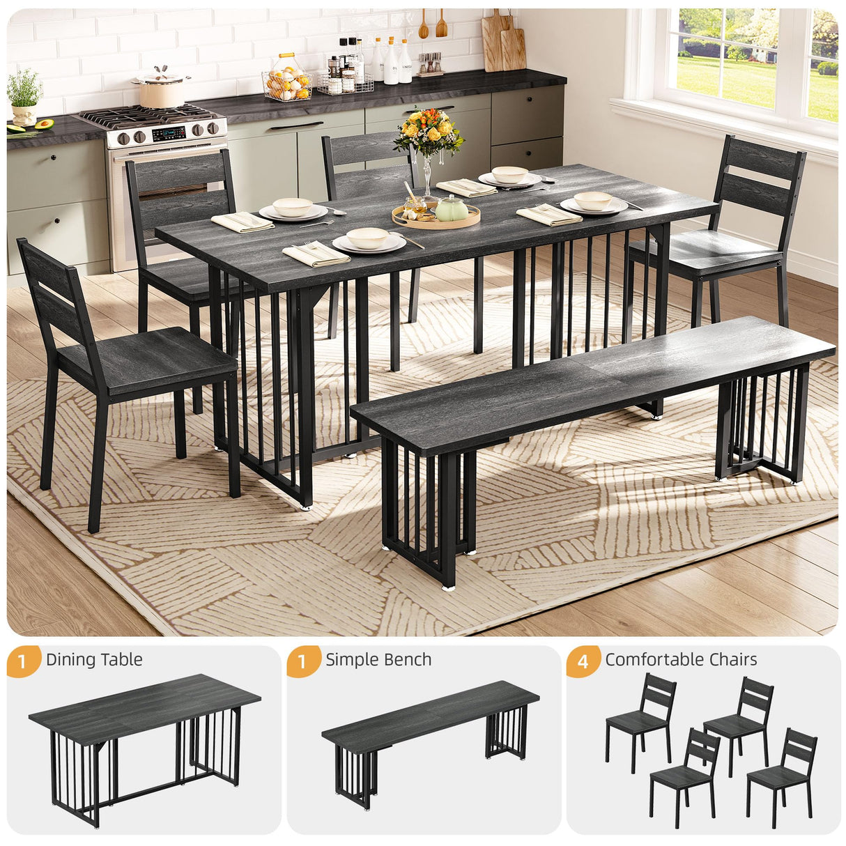 DWVO 6-Piece Dining Table Set for 6-8 People 63 Inch Kitchen Table Set with 2 Benches and 4 Chairs Farmhouse Rectangular Dining Room Table Set for Kitchen Dining Room Apartment Dark Grey DWVO