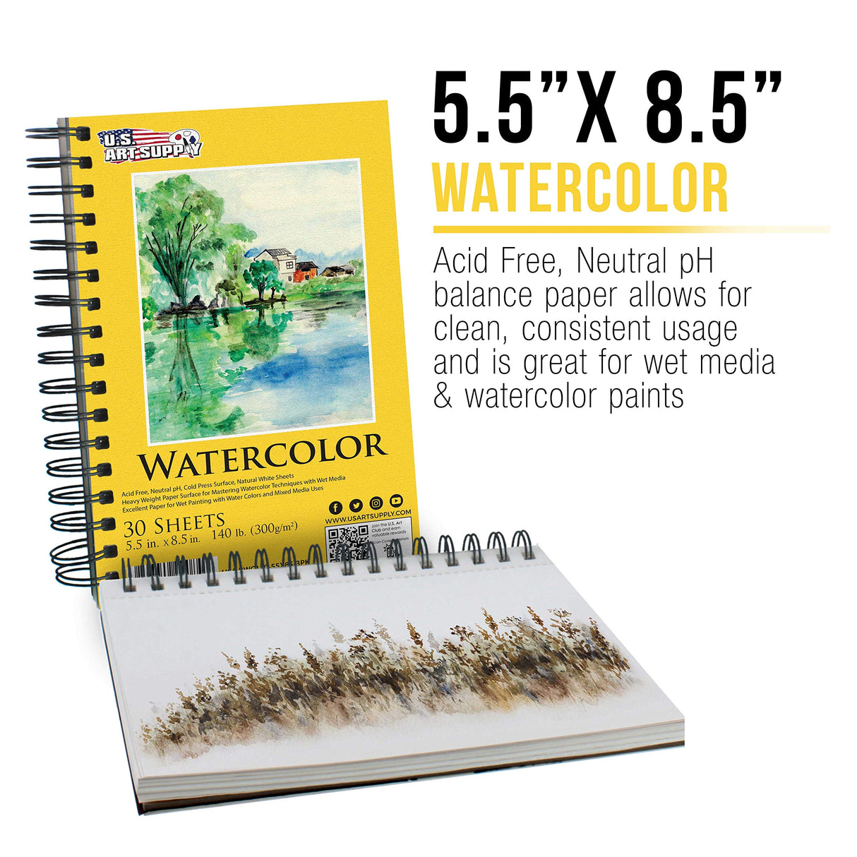 U.S. Art Supply 5.5" x 8.5" Premium Heavyweight Watercolor Painting Paper Pad, Pack of 3, 30 Sheets Each, 140lb (300gsm) - Spiral Bound, Cold Pressed, Acid-Free, Wet, Mixed Media - Artists, Students U.S. Art Supply