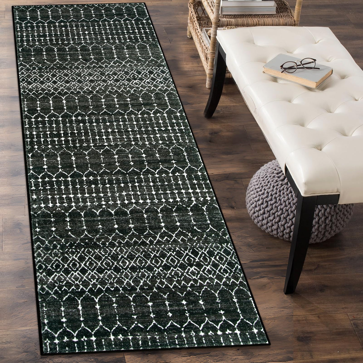 Lahome Moroccan Black Rug - 2x8 Washable Non-Skid Kitchen Floor Runner, Low-Profile, Non Slip, Geometric Print Distressed Entryway Runner for Hallways, Laundry Room, Foyer Lahome