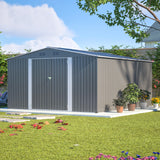 YOPTO 12x14FT Outdoor Storage Shed Metal Shed W/Floor Frame,Garden Tool House W/ 4 Air Vents,Lockable Double Doors & Sloped Roof,for Patio,Lawn,Backyard,Light Gray YOPTO