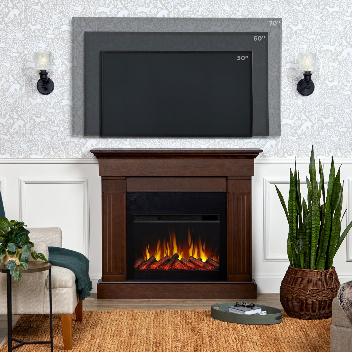 Real Flame Crawford 48" Slim Electric Fireplace with Mantel for Living Room or Bedroom, Replaceable Fireplace Insert Heater, Realistic Log and Flame Effect, Remote Control, Timer.