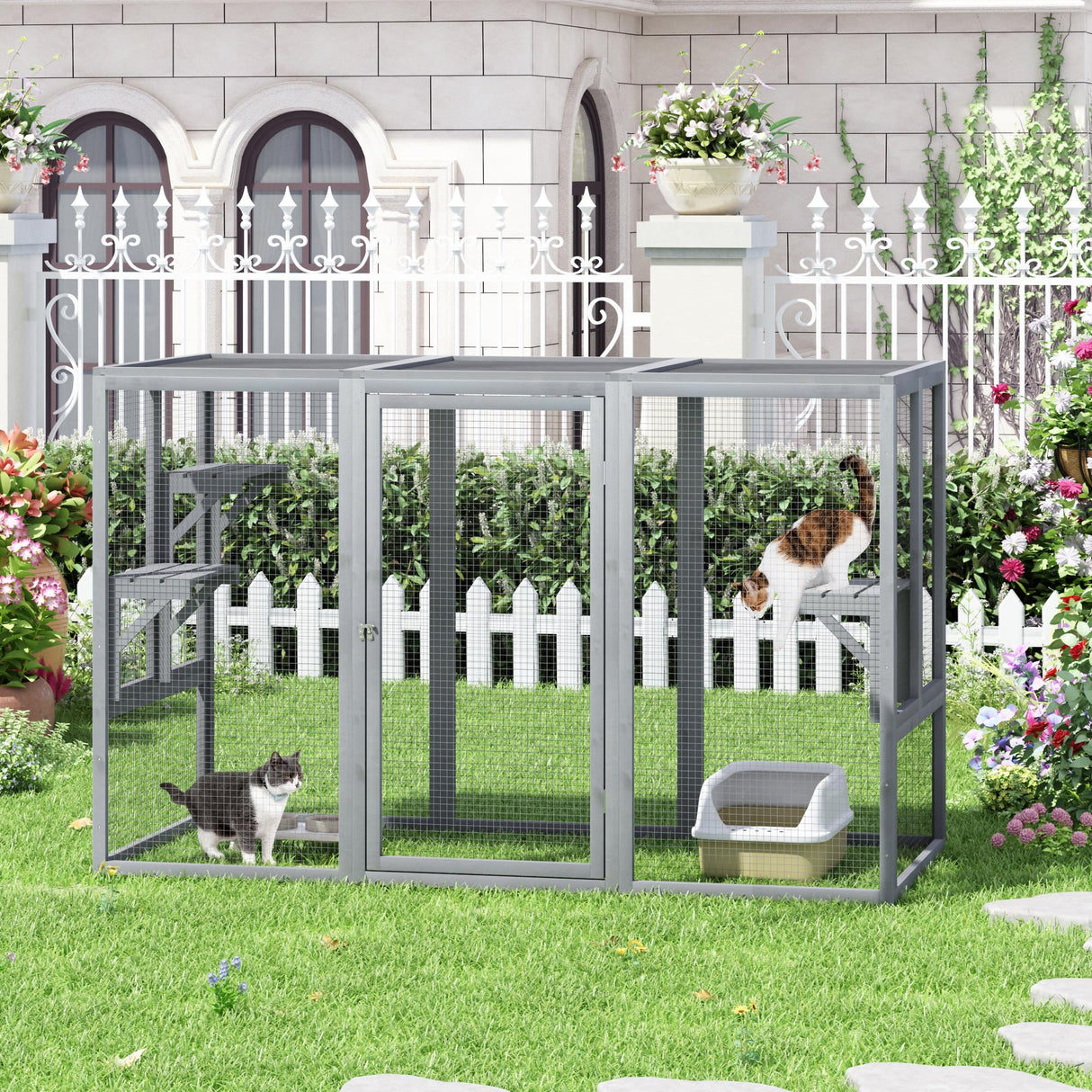 COZIVVOVV Outdoor Cat Enclosures, Weatherproof Catio for Cats, Large Cat Cage with 3 Platforms and Litter Box, Wooden Cat Crates for Indoor Cats & Cat House, Grey COZIVVOVV