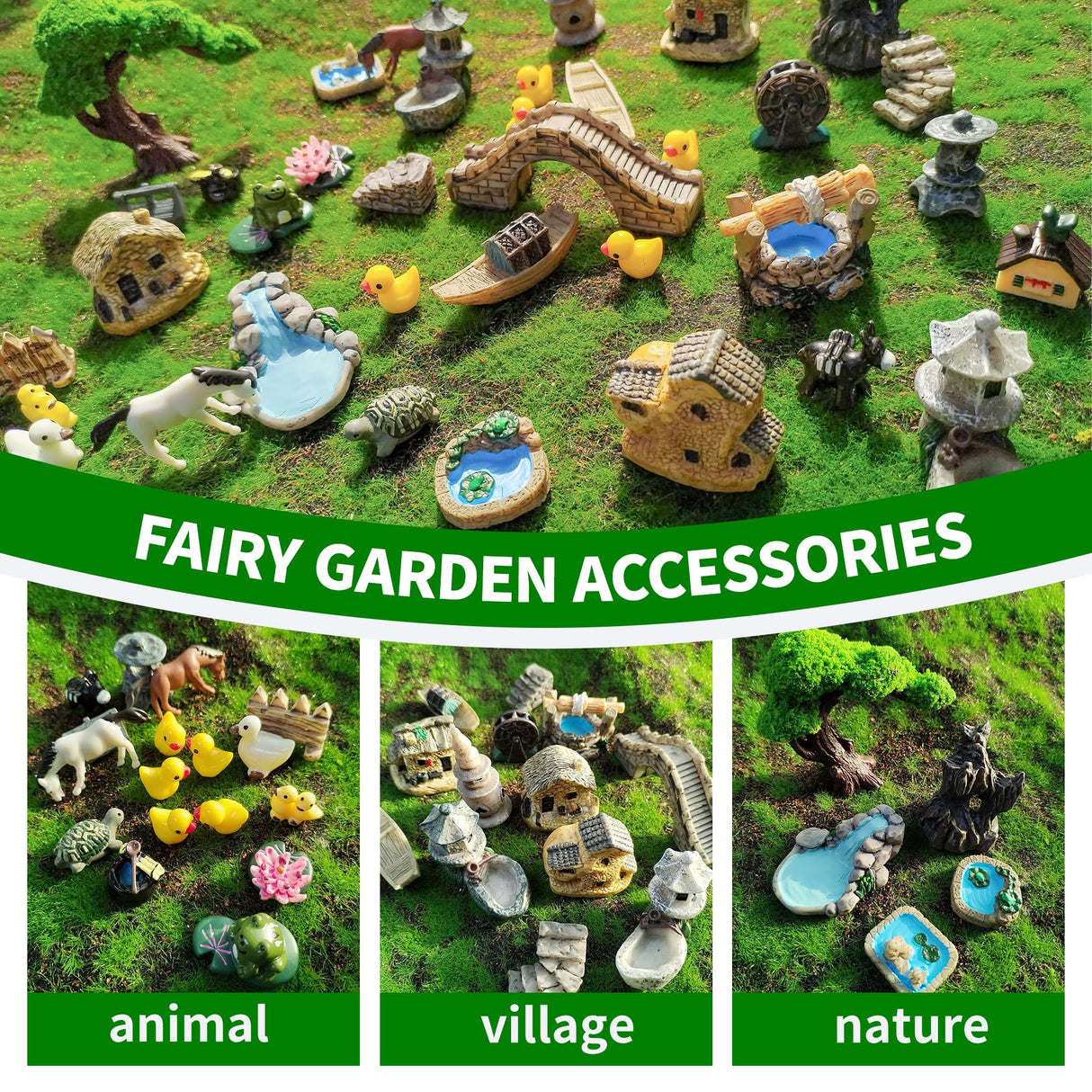 37PCS Fairy Garden Accessories, Miniature Nature Village Theme Fairy Garden Supplies for Outdoor, Mini Resin Animals House Bridge Pool Figurines Micro Landscape Succulent Plant Pots Terrarium Decor RFSRZ