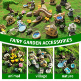 37PCS Fairy Garden Accessories, Miniature Nature Village Theme Fairy Garden Supplies for Outdoor, Mini Resin Animals House Bridge Pool Figurines Micro Landscape Succulent Plant Pots Terrarium Decor RFSRZ