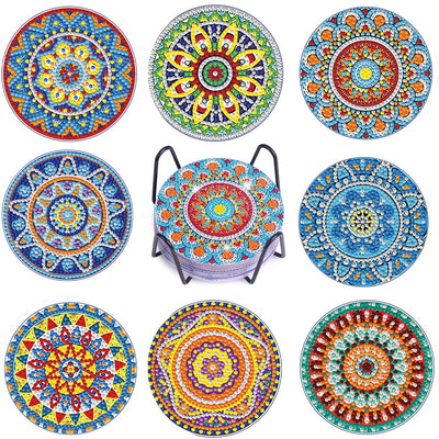 8 PCS Mandala Diamond Art Coasters Kits, Boho Diamond Painting Coasters with Holder Set of 8, DIY Drink Coasters Art Crafts Supplies for Adults Cup Mat for Home Decor House Warming Gifts 3.9inch