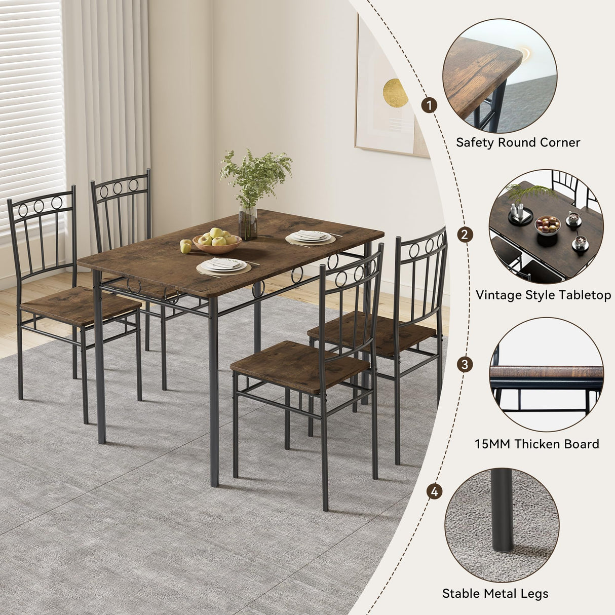 AMICLIBER Dining Table Set for 4, 5-Piece Kitchen Table and Chairs, Rectangular Dining Room Table Set with 4 Chairs, Space-Saving Kitchen Table Set for Small Space,Dinette,Apartment,Retro Brown AMICLIBER