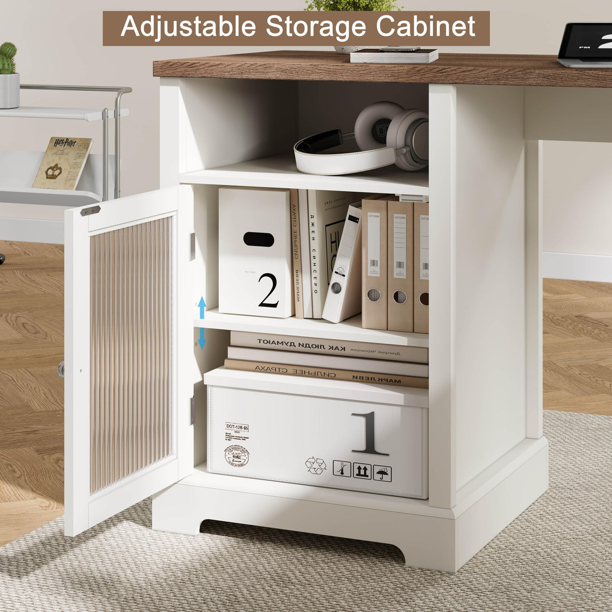 ChooChoo Farmhouse L Shaped Desk with Drawers & Storage Shelf, Home Office Desk with Storage Cabinet, Executive Corner Computer Desk with Charging Station, Home Office Writing Desk, Soft White ChooChoo