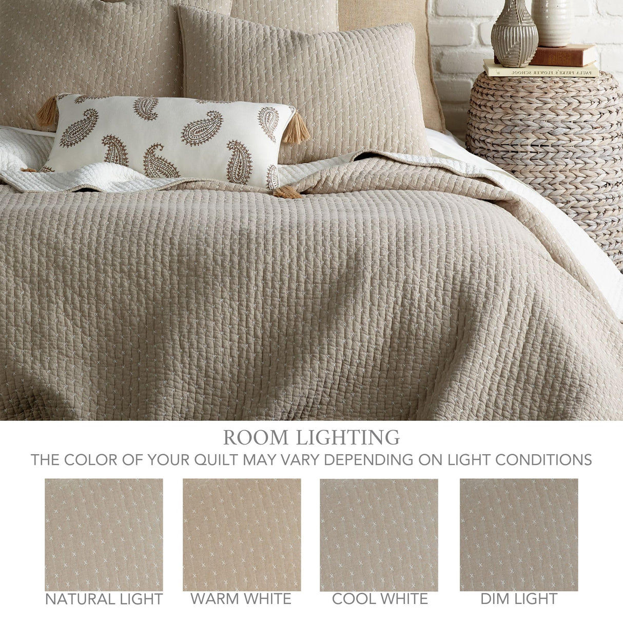 Levtex Home Cross Stitch Reversible King/Cal King Quilt Set (106x92in) and 2 Pillow Shams (36x20in) - Stitch Texture - Taupe - Cotton King Size Quilt Bedding Set - Lightweight Soft Pre-Washed Levtex Home