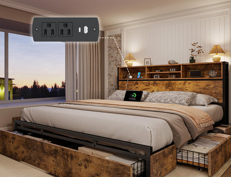 EnHomee King Size Bed Frame with 6 Storage Drawers King Bed Frame and Headboard, Storage Bed with Charging Station, No Noise,No Box Springs Needed,Vintage Brown EnHomee
