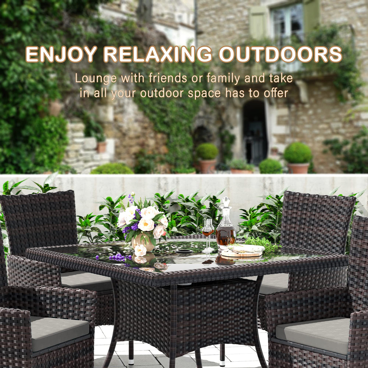 RTDTD 10 Pieces Patio Dining Set Outdoor Rattan Furniture Dinning Set with 2 Square Glass Tabletops 8 Chairs with Grey Cushions for Patio, Backyard Outdoor Kitchen Lawn & Garden RTDTD