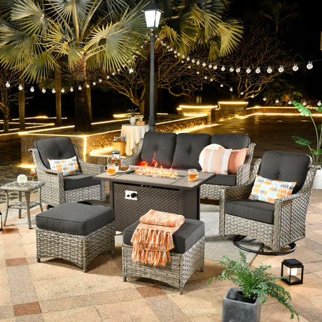 ovios Outdoor 7 Piece Patio Furniture with Fire Pit Table,Wicker Coversation Set with Swivel Rocking Chair,Comfy Sectional Deep Sofa with Ottoman for Outside Porch Balcony Backyard Pool,Black ovios