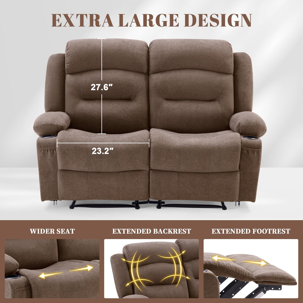 Weture Oversized Recliner Loveseat with Heat and Massage, Wall-Hugger Reclining Sofa with Cup Holders and USB Port, Big Large 2-Seater Double RV Recliner Loveseat for Living Room (Fabric, Brown) Weture