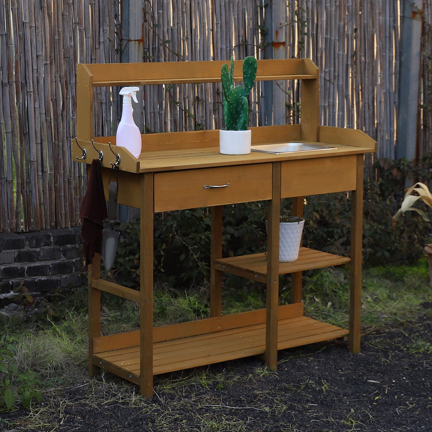 MUPATER Potting Bench Garden Table for Outdoors with Removable Stainless Sink, Planting Work Bench with Storage Shelves and Drawer, Natural Wood - WoodArtSupply