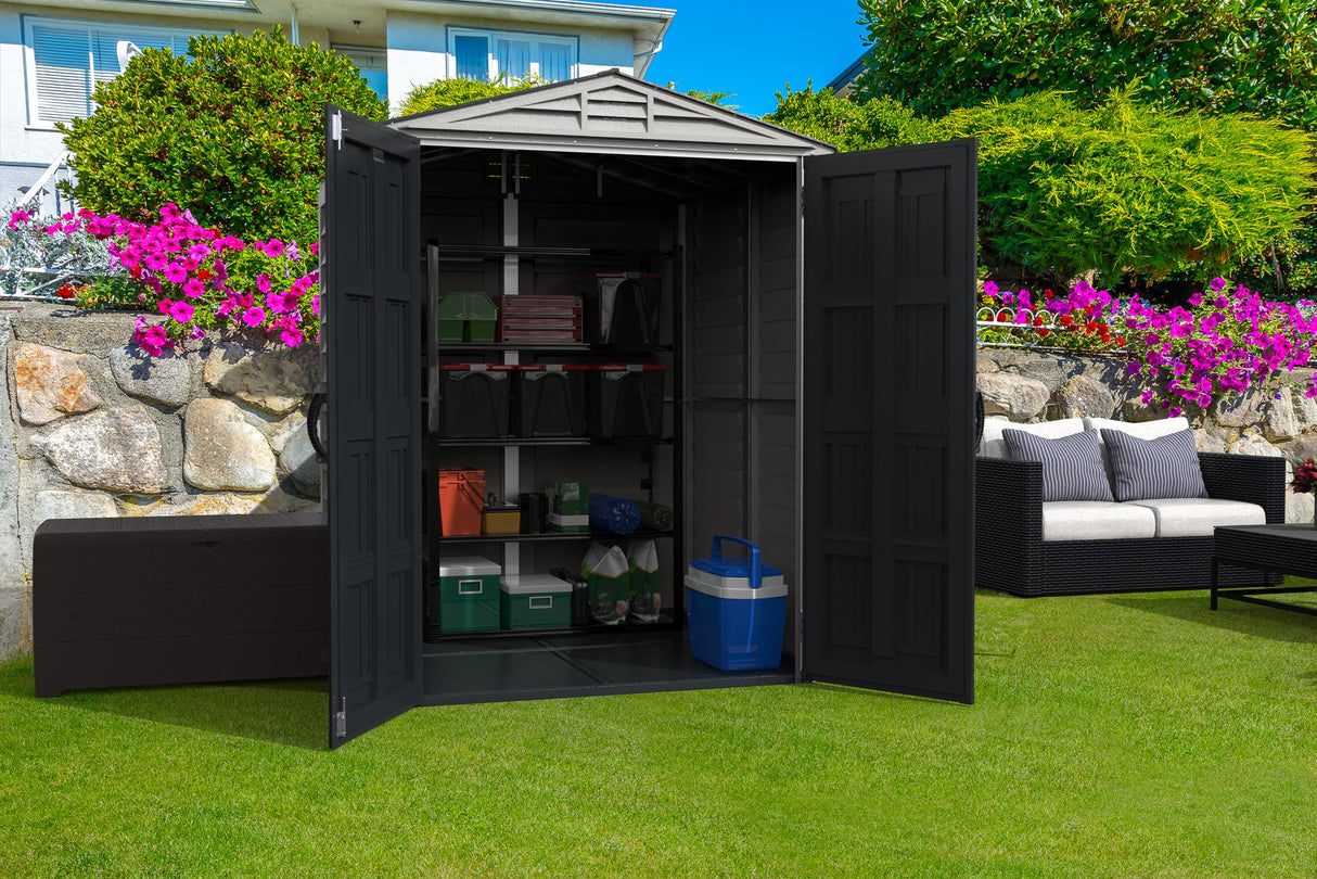 Duramax YardMate 5' x 5' Plus Plastic Garden Shed with Plastic Floor - Anthracite & Adobe - 15 Years Warranty DURAMAX