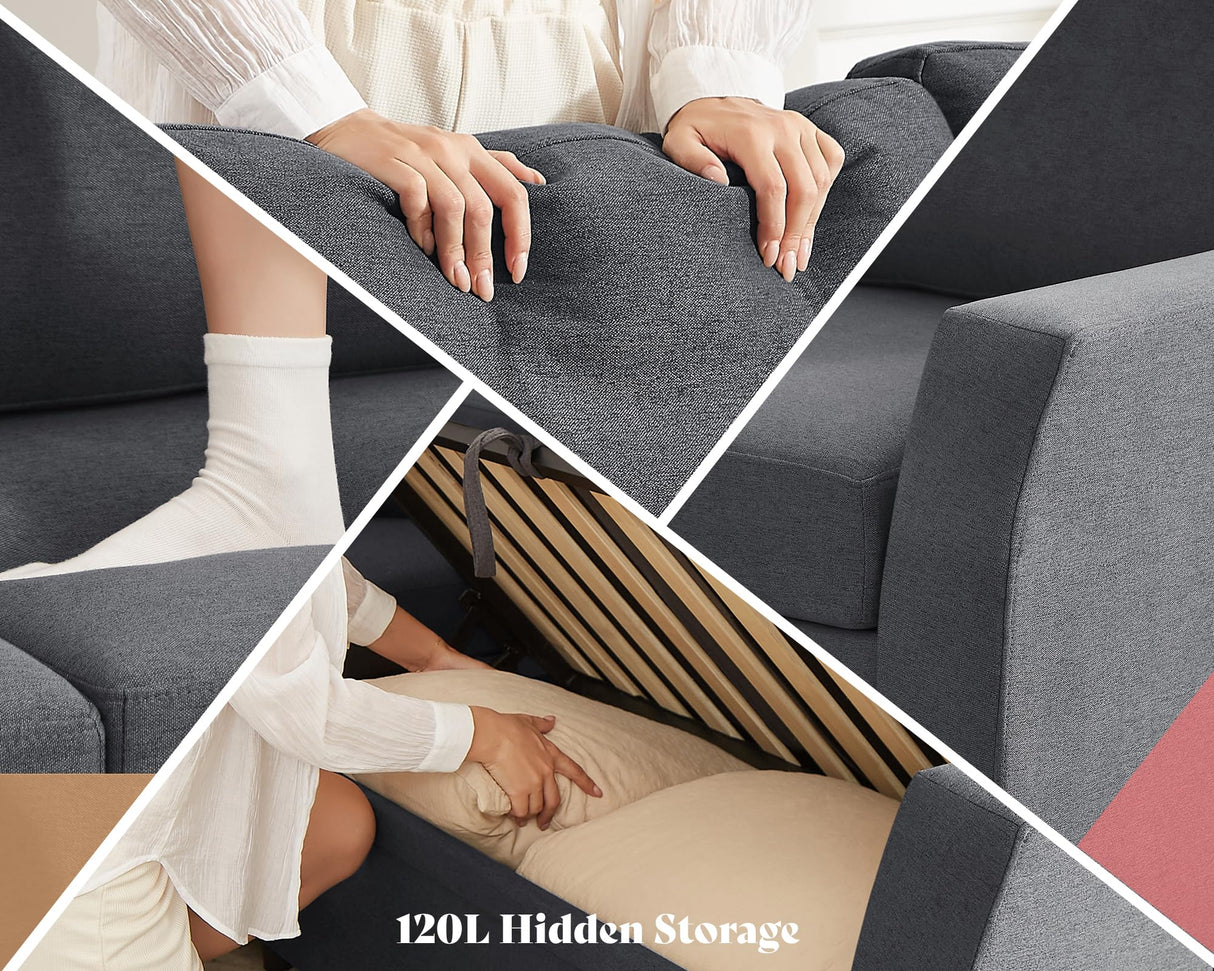 AMERLIFE Sofa Bed, 85 Inch Reversible L Shape Couch with Pull Out Bed & Storage Seat, Oversized Sectional Sleeper Bed for Living Room Apartment, Grey Linen Sleeper Sofa Couch AMERLIFE