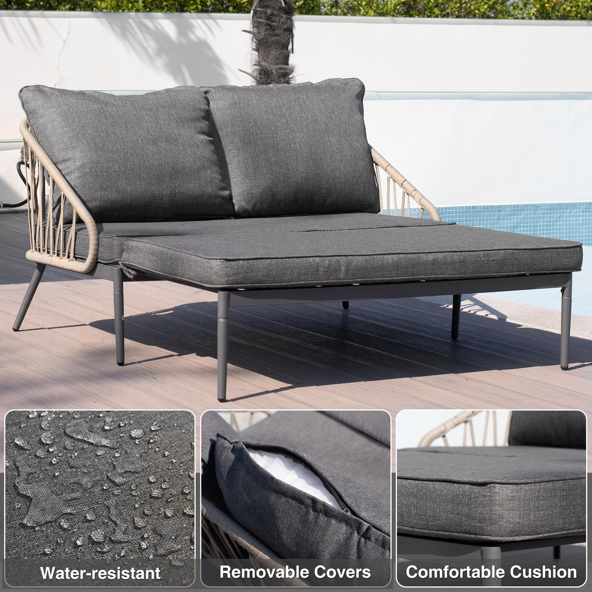 COMLAX FIELD Patio Adjustable Daybed, 2-Person Outdoor Daybed with Cushions and Pillows, Woven Rope Patio Loveseat Garden Adjustable Reclining Chaise Lounge for Lawn, Poolside, Grey COMLAX FIELD