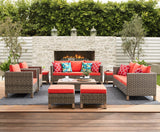 9 Pieces Patio Furniture Sets All Weather Reinforced Wicker Rattan Sectional Sofa with Metal Top Coffee Table Outdoor Furniture Conversation Set for Porch, Poolside, Garden, Backyard, Red Summax
