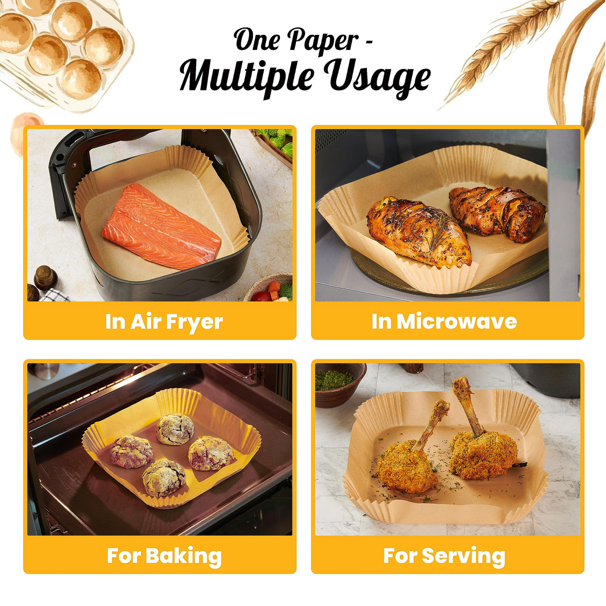 Air Fryer Paper Liners, 120Pcs Air Fryer Disposable Liners, Non-Stick and Oil Proof for Easy Cleanup, 8” Square for 5-8 qt Basket by Baker's Signature Baker's Signature