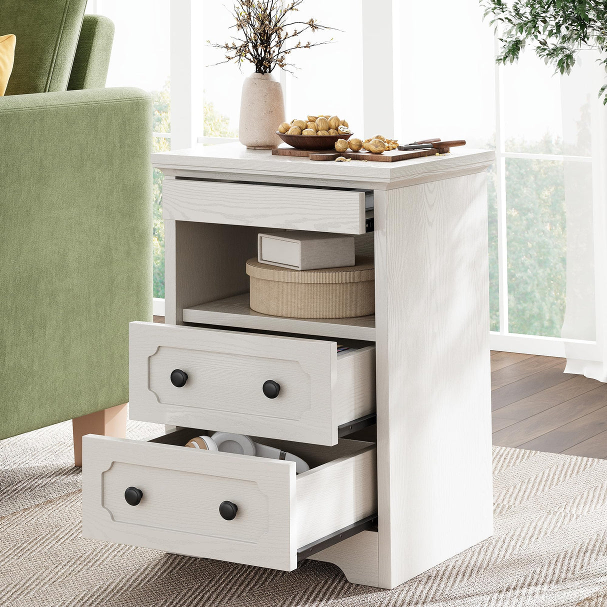LIKIMIO Night Stand, Modern Bedside Table with 3 Drawers, Open Shelf, End Table with Pull-Out Tray, Wood SideTable, White LIKIMIO