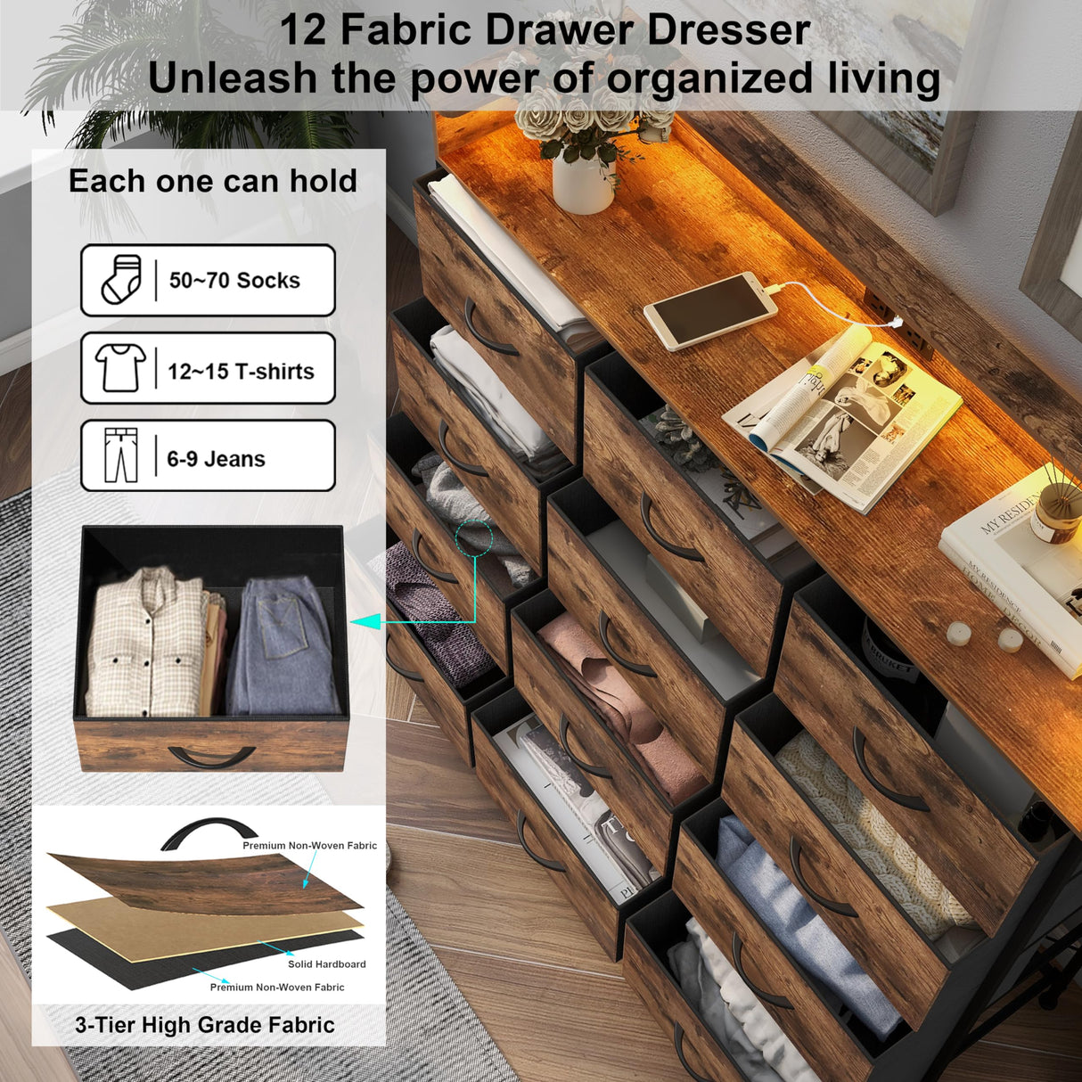 Welfuturer Dresser for Bedroom with 12 Drawers Clothes Dresser with Charging Station and LED Light Fabric Storage Tower for Living Room Hallway Closet Sturdy Steel Frame Wooden Top Rustic Brown Welfuturer