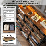 Welfuturer Dresser for Bedroom with 12 Drawers Clothes Dresser with Charging Station and LED Light Fabric Storage Tower for Living Room Hallway Closet Sturdy Steel Frame Wooden Top Rustic Brown Welfuturer