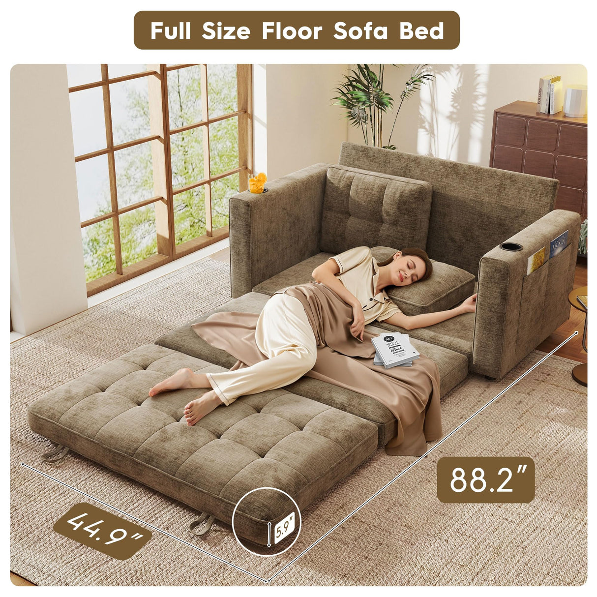 55" Convertible Folding Sofa Bed, Pull Out Couch Love Seat Sleeper Bed, Small Fold Out Loveseat Sleeper with Cup Holder and Pillow for Small Space, Bedroom Lounge, Dorm, Living Room(Brown Chenille) Urhanherry