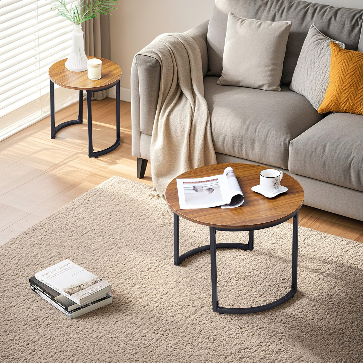 VECELO Nesting Coffee Table Set of 2, Wood Round Side Tables with Adjustable Non-Slip Feet, for Living Room, Brown VECELO