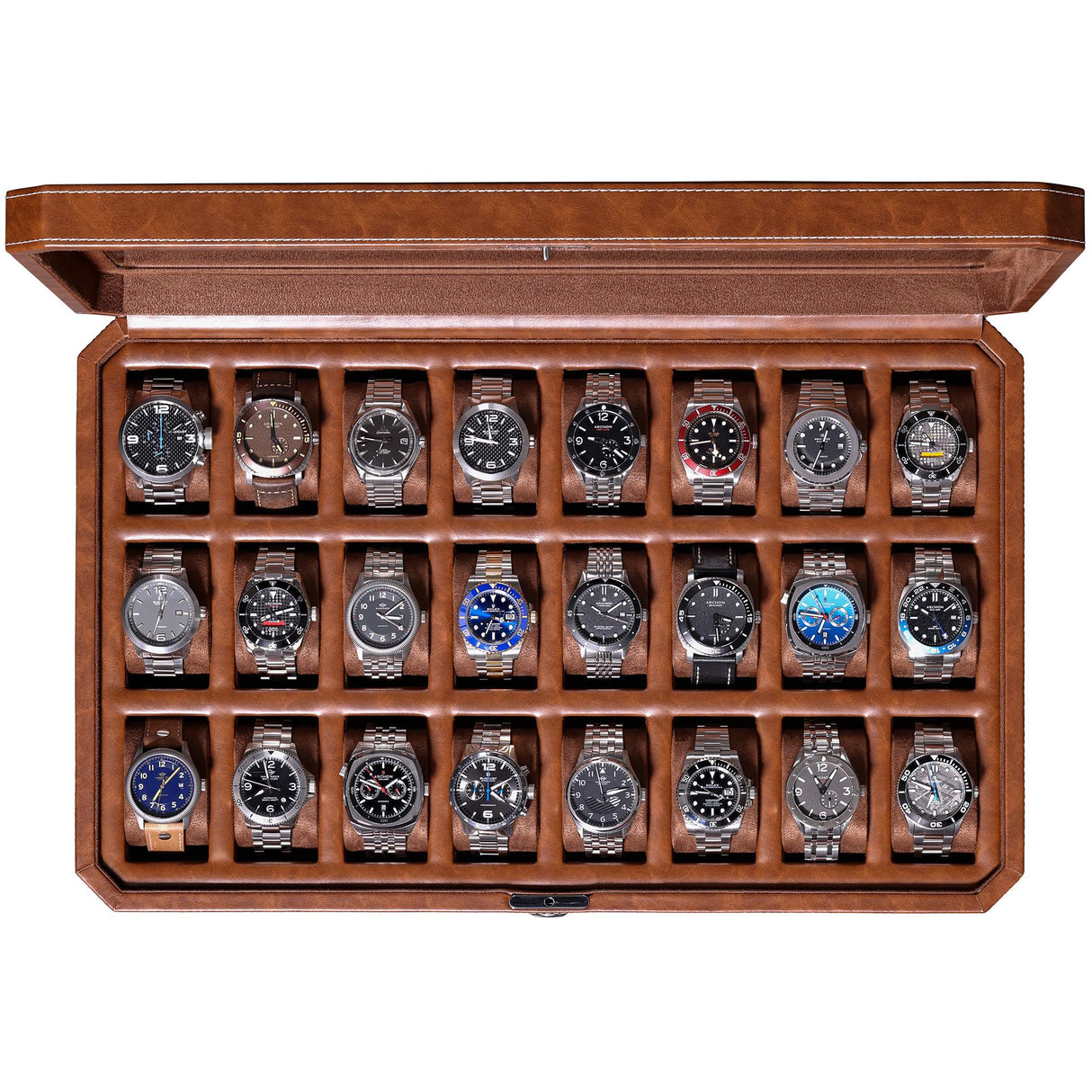 ROTHWELL 24 Slot Watch Case with Lock – Luxury Watch Box to Display and Organize Your Collection | Real Glass Top | Premium Storage for Collectors (Tan/Brown) ROTHWELL
